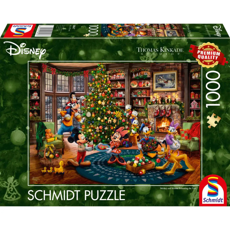 Puzzlebox mit Disney-Weihnachtsszene: Figuren schmücken Baum im Wohnzimmer, 1000 Teile.