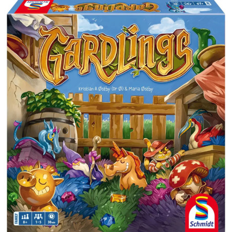 Buntes Gardlings-Spielcover mit fantasievollen Kreaturen in einer Gartenszenerie.