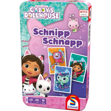 Bunte Gabbys Dollhouse Schnipp Schnapp Kartenspiel-Box mit Figuren und Karten auf der Vorderseite.