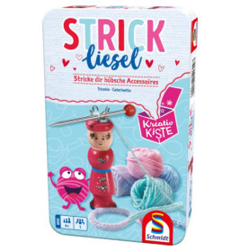 Strickliesel-Set: Box mit Wolle, Strickpuppe, Nadel und bunten Cartoon-Grafiken.