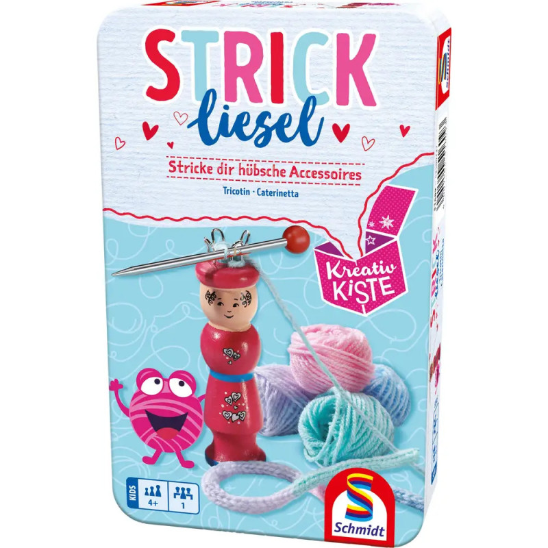 Strickliesel-Set: Box mit Wolle, Strickpuppe, Nadel und bunten Cartoon-Grafiken.