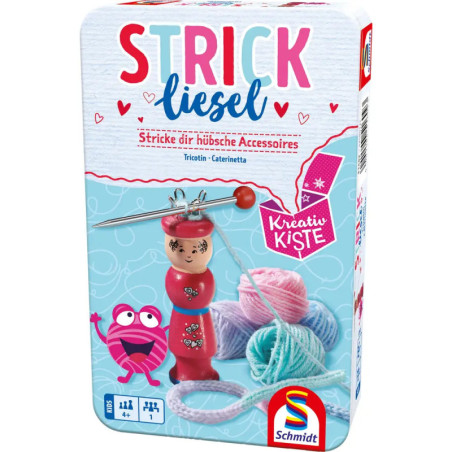 Strickliesel-Set: Box mit Wolle, Strickpuppe, Nadel und bunten Cartoon-Grafiken.
