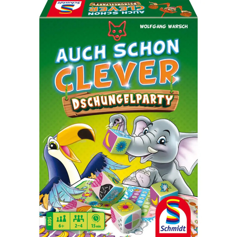 Bunte Spielebox mit Tukan und Elefant, Titel: Auch schon clever - Dschungelparty.