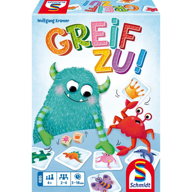 Bunte Spielschachtel mit grünem Monster, rotem Krebs und Karten Titel: Greif zu!. Bunte Spielschachtel mit grünem Monster, rotem Krebs und Karten Titel: Greif zu!.