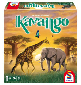 Brettspielbox mit Giraffe, Elefant, Vögeln und Bäumen in afrikanischer Savanne bei Sonnenuntergang.