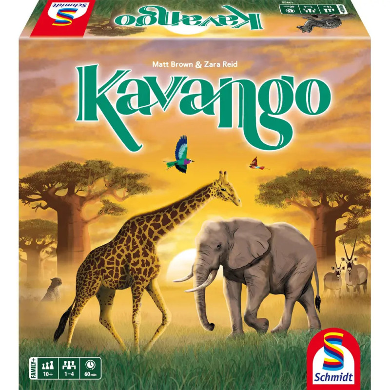 Brettspielbox mit Giraffe, Elefant, Vögeln und Bäumen in afrikanischer Savanne bei Sonnenuntergang.