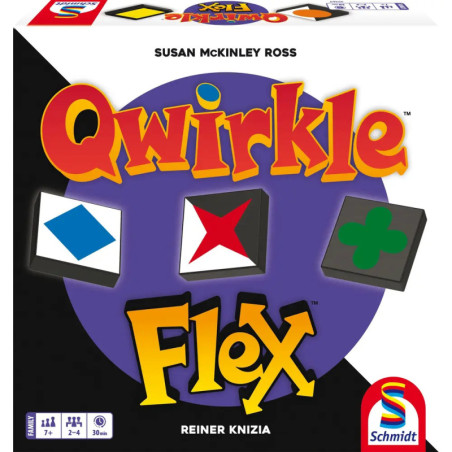 Qwirkle Flex-Spielbox mit bunten Formen und auffälligem roten und gelbem Text auf lila Hintergrund.