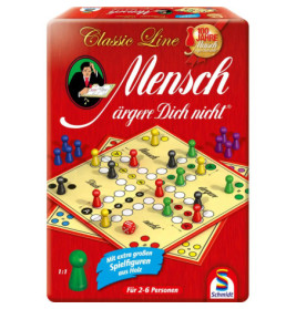 Schachtel von Mensch ärgere Dich nicht mit bunten Spielfiguren und deutschem Text auf rotem Grund.