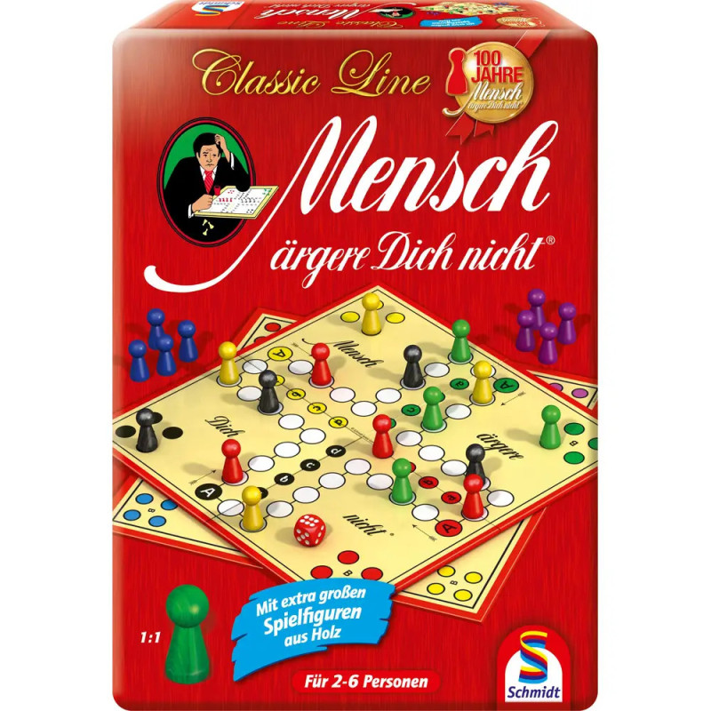 Schachtel von Mensch ärgere Dich nicht mit bunten Spielfiguren und deutschem Text auf rotem Grund.