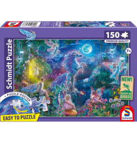 Puzzle mit 150 Teilen: Einhorn, Feen und Schloss in farbenfroher Fantasy-Nachtszene auf dem Karton.