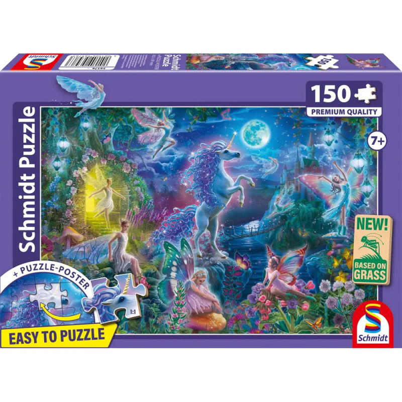 Puzzle mit 150 Teilen: Einhorn, Feen und Schloss in farbenfroher Fantasy-Nachtszene auf dem Karton.