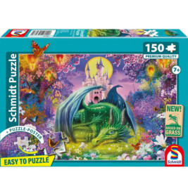 Schmidt Puzzle, 150 Teile: Grüner Drache und Burg in bunter Fantasielandschaft auf Verpackung.