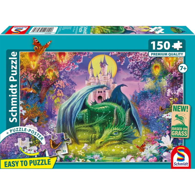 Schmidt Puzzle, 150 Teile: Grüner Drache und Burg in bunter Fantasielandschaft auf Verpackung.