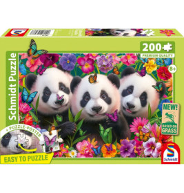Puzzle-Schachtel mit drei Pandas, bunten Blumen, Schmetterlingen, 200+ Teile, Schmidt Puzzle.
