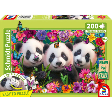 Puzzle-Schachtel mit drei Pandas, bunten Blumen, Schmetterlingen, 200+ Teile, Schmidt Puzzle.