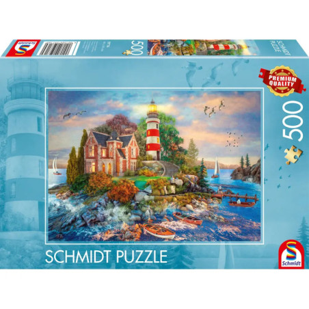Schmidt Puzzle, 500 Teile: Leuchtturm am Meer, Boote und Haus in bunter Küstenlandschaft.