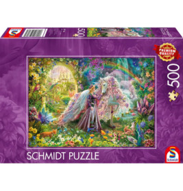 Schmidt Puzzle, 500 Teile: Prinzessin mit Einhorn im magischen Garten auf bunter Box.