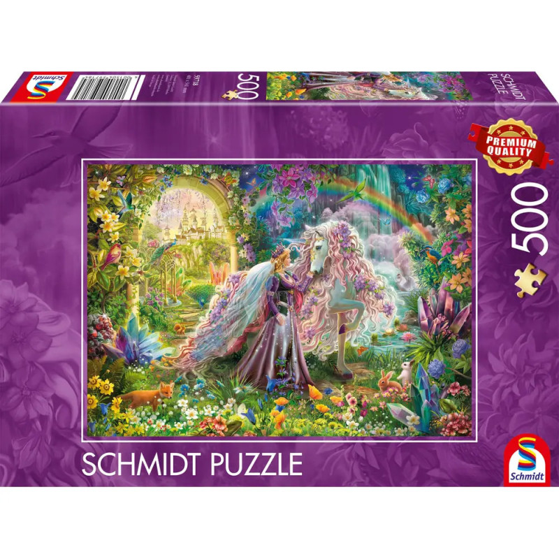 Schmidt Puzzle, 500 Teile: Prinzessin mit Einhorn im magischen Garten auf bunter Box.