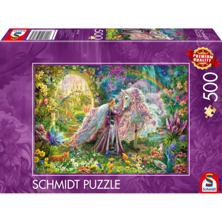 Schmidt Puzzle, 500 Teile: Prinzessin mit Einhorn im magischen Garten auf bunter Box.