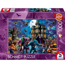 Schmidt Puzzle, 1000 Teile: Halloween-Monster vor einem Spukhaus bei Nacht.