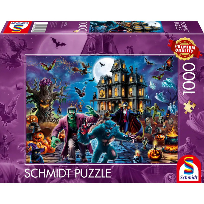 Schmidt Puzzle, 1000 Teile: Halloween-Monster vor einem Spukhaus bei Nacht.