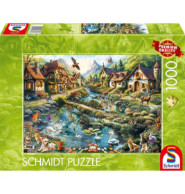 Schmidt Puzzle, 1000 Teile: Bunte Dorfszene mit Tieren an einem Teich auf der Verpackung.