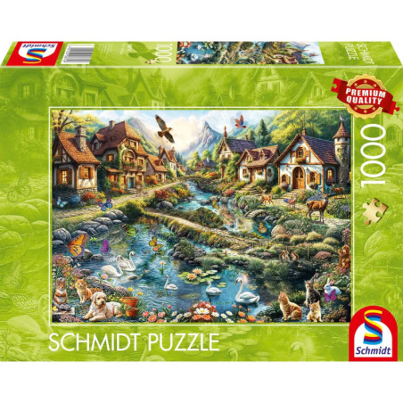 Schmidt Puzzle, 1000 Teile: Bunte Dorfszene mit Tieren an einem Teich auf der Verpackung.