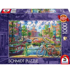 Schmidt Puzzle, 1000 Teile, mit farbenfroher Illustration von Kanal, Fahrrad und Gebäuden.