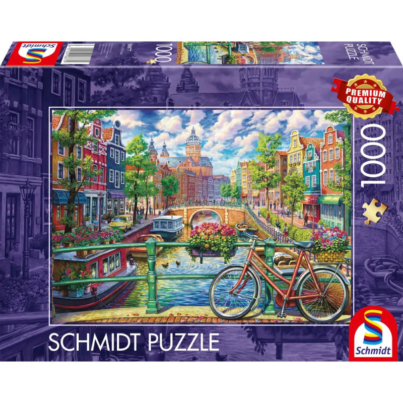 Schmidt Puzzle, 1000 Teile, mit farbenfroher Illustration von Kanal, Fahrrad und Gebäuden.