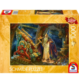 Ein Zauberer blickt durch ein Teleskop in einer bunten Sternenlandschaft auf eine 1000er Schmidt Puzzlebox.