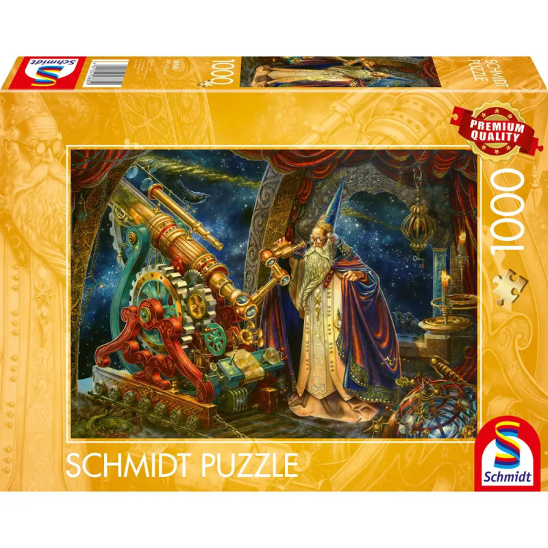 Ein Zauberer blickt durch ein Teleskop in einer bunten Sternenlandschaft auf eine 1000er Schmidt Puzzlebox. Ein Zauberer blickt durch ein Teleskop in einer bunten Sternenlandschaft auf eine 1000er Schmidt Puzzlebox.