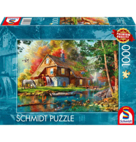 Schmidt Puzzle, 1000 Teile: Ein Cottage am Teich mit Bäumen, Enten und einem Pferd auf der Schachtel.