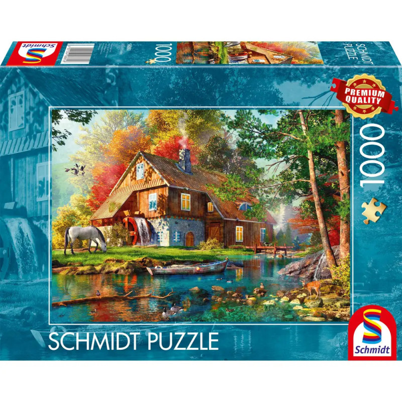 Schmidt Puzzle, 1000 Teile: Ein Cottage am Teich mit Bäumen, Enten und einem Pferd auf der Schachtel.