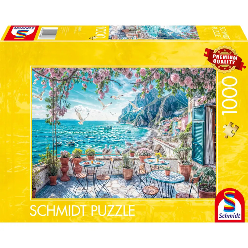Schmidt Puzzle, 1000 Teile, mit Motiv einer Terrasse am Meer mit Tischen und Blumen.