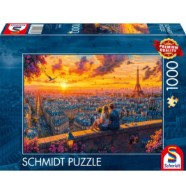 Paar sitzt bei Sonnenuntergang auf einer Mauer mit Blick auf Paris und Eiffelturm 1000-teiliges Puzzle.
