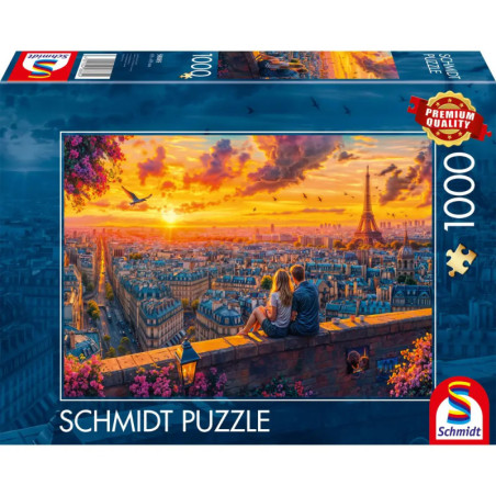 Paar sitzt bei Sonnenuntergang auf einer Mauer mit Blick auf Paris und Eiffelturm 1000-teiliges Puzzle.