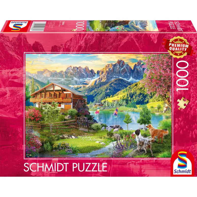 Schmidt Puzzle mit 1000 Teilen: Motive aus Berghütte, See, Bergen und Hunden in bunter Landschaft.