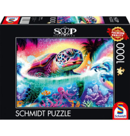 Bunte Meeresschildkröte schwimmt im tropischen Ozean auf 1000-Teile-Schmidt-Puzzle.
