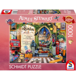 Schmidt Puzzle mit 1000 Teilen, Londoner Wahrzeichen, Ikonen und rotem Doppeldeckerbus auf dem Karton.