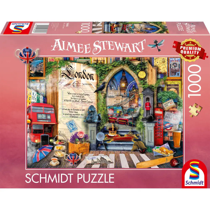 Schmidt Puzzle mit 1000 Teilen, Londoner Wahrzeichen, Ikonen und rotem Doppeldeckerbus auf dem Karton.