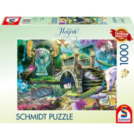 Schmidt Puzzle, 1000 Teile: Fantasiegarten mit Schwänen, Einhorn und verziertem Brückchen.