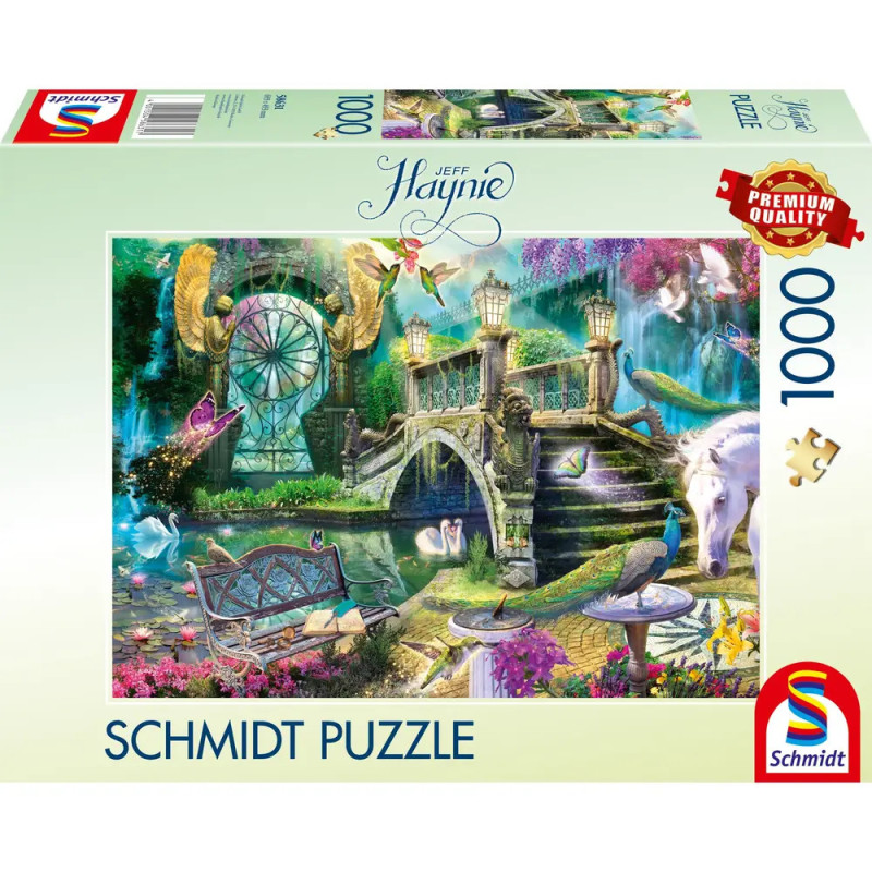 Schmidt Puzzle, 1000 Teile: Fantasiegarten mit Schwänen, Einhorn und verziertem Brückchen.