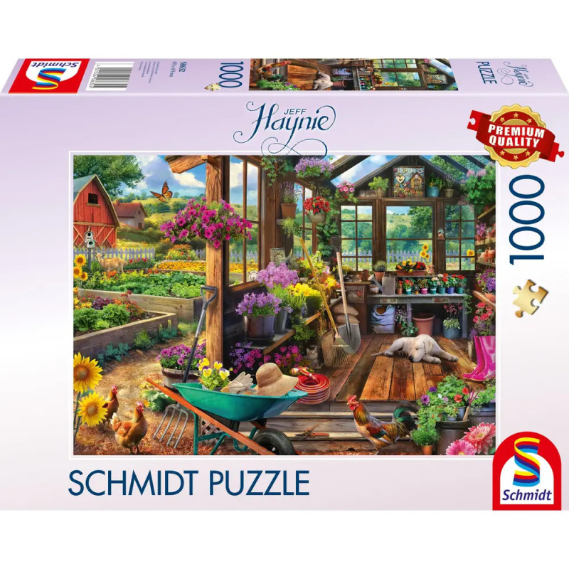 Bunte 1000-Teile-Puzzlebox mit Garten-, Gewächshaus-, Tier- und Blumenszene.