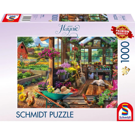 Bunte 1000-Teile-Puzzlebox mit Garten-, Gewächshaus-, Tier- und Blumenszene.