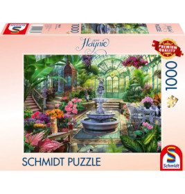 Schmidt Puzzle, 1000 Teile: Üppiges Gewächshaus mit Brunnen und farbenfrohen Blumen.