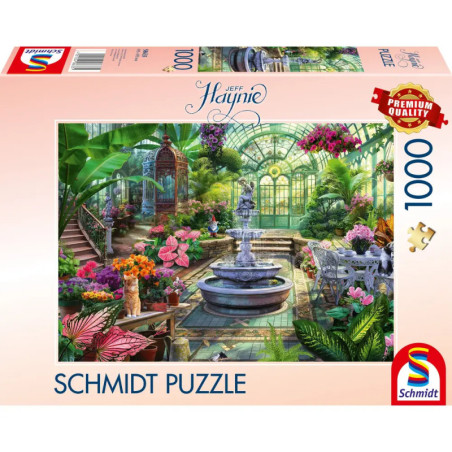Schmidt Puzzle, 1000 Teile: Üppiges Gewächshaus mit Brunnen und farbenfrohen Blumen.