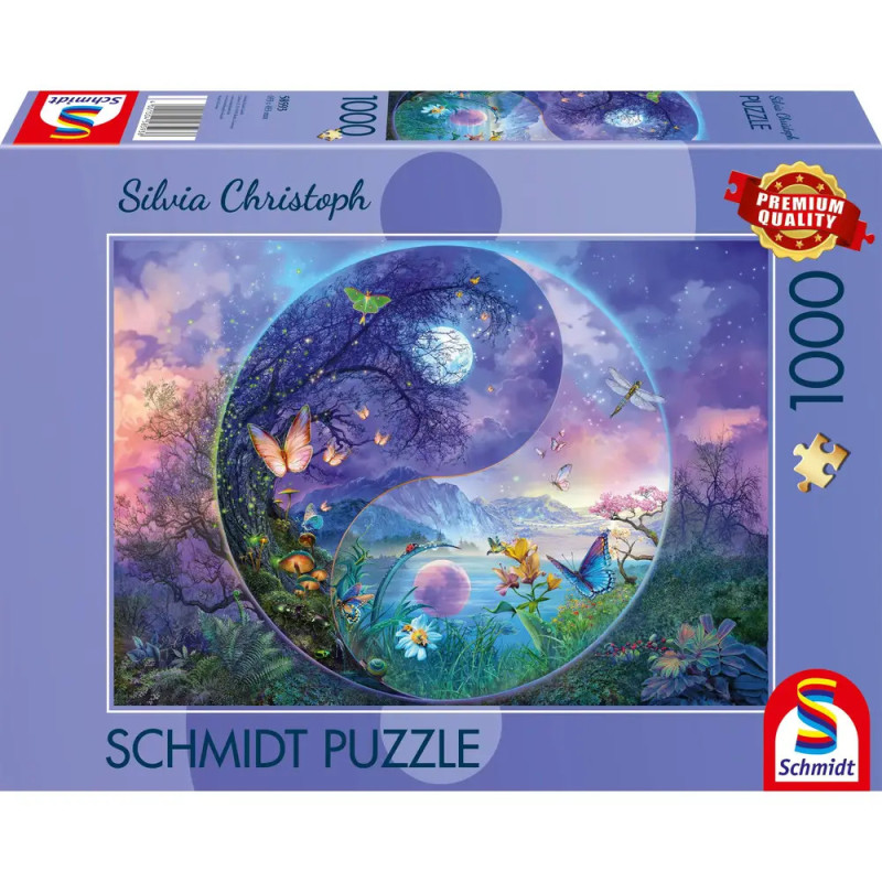 Schmidt Puzzle mit 1000 Teilen, Yin-Yang-Motiv, Fantasielandschaft und Schmetterlingen.