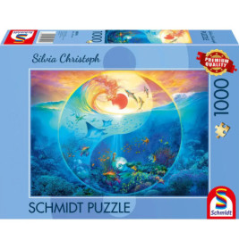 Schmidt Puzzle mit 1000 Teilen: Buntes Yin-Yang-Design mit Ozean und Sonnenuntergang von Silvia Christoph.