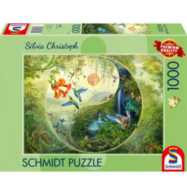 Schmidt Puzzle, 1000 Teile: Box mit farbenfrohem Yin-Yang-Naturmotiv, Tieren und viel Grün.