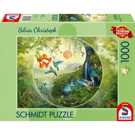 Schmidt Puzzle, 1000 Teile: Box mit farbenfrohem Yin-Yang-Naturmotiv, Tieren und viel Grün.